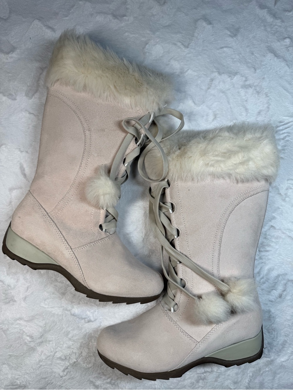 Sporto Women's Pale Pink Faux Fur Lace-Up Winter Boots